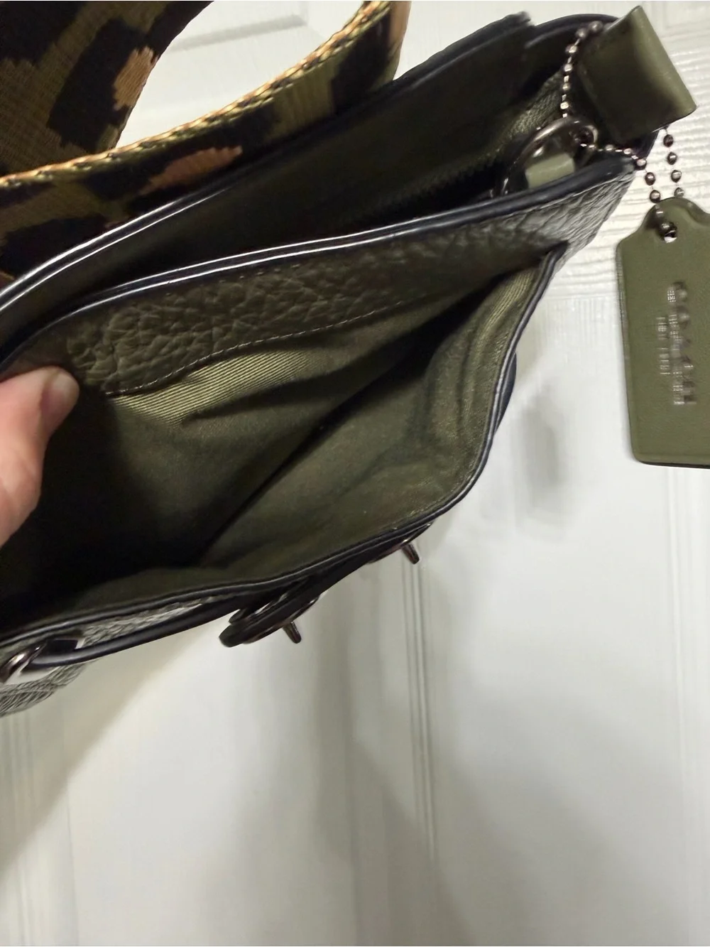 Coach Olive Green Pebbled Leather Crossbody with Leopard Print Strap